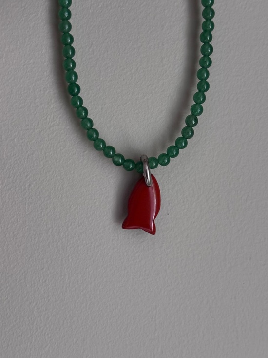 Aven Atelier Jewelry - Aventurine Natural Stone Beaded Necklace 4mm With Red Jasper Fish Pendant